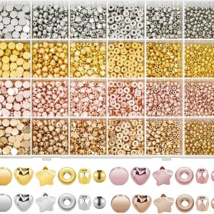 2160 Pieces Gold Spacer Beads Set, Assorted Round Star Gold Beads for Bracelet Jewelry Making(Gold, Sliver, Rose Gold, KC Gold)