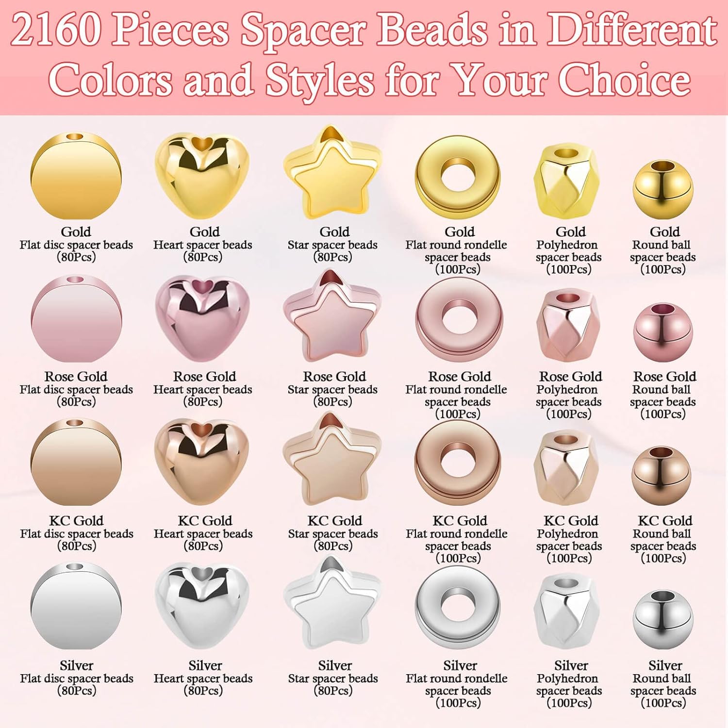 2160 Pieces Gold Spacer Beads Set, Assorted Round Star Gold Beads for Bracelet Jewelry Making(Gold, Sliver, Rose Gold, KC Gold) - Image 3