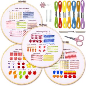 Bradove 4 Sets Embroidery Stitches Practice Kit, Embroidery Kit for Beginners with Embroidery Patterns, Beginner Embroidery Kit, Embroidery Kits for Adults, Hand Embroidery Kit for Kids