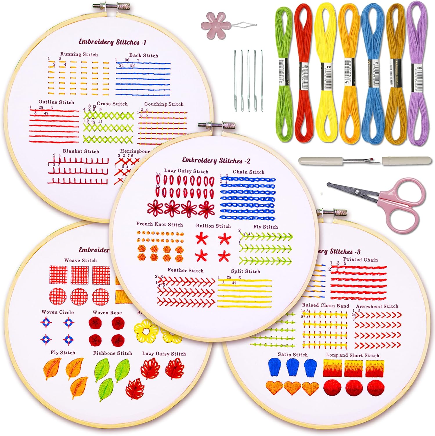 Bradove 4 Sets Embroidery Stitches Practice Kit, Embroidery Kit for Beginners with Embroidery Patterns, Beginner Embroidery Kit, Embroidery Kits for Adults, Hand Embroidery Kit for Kids