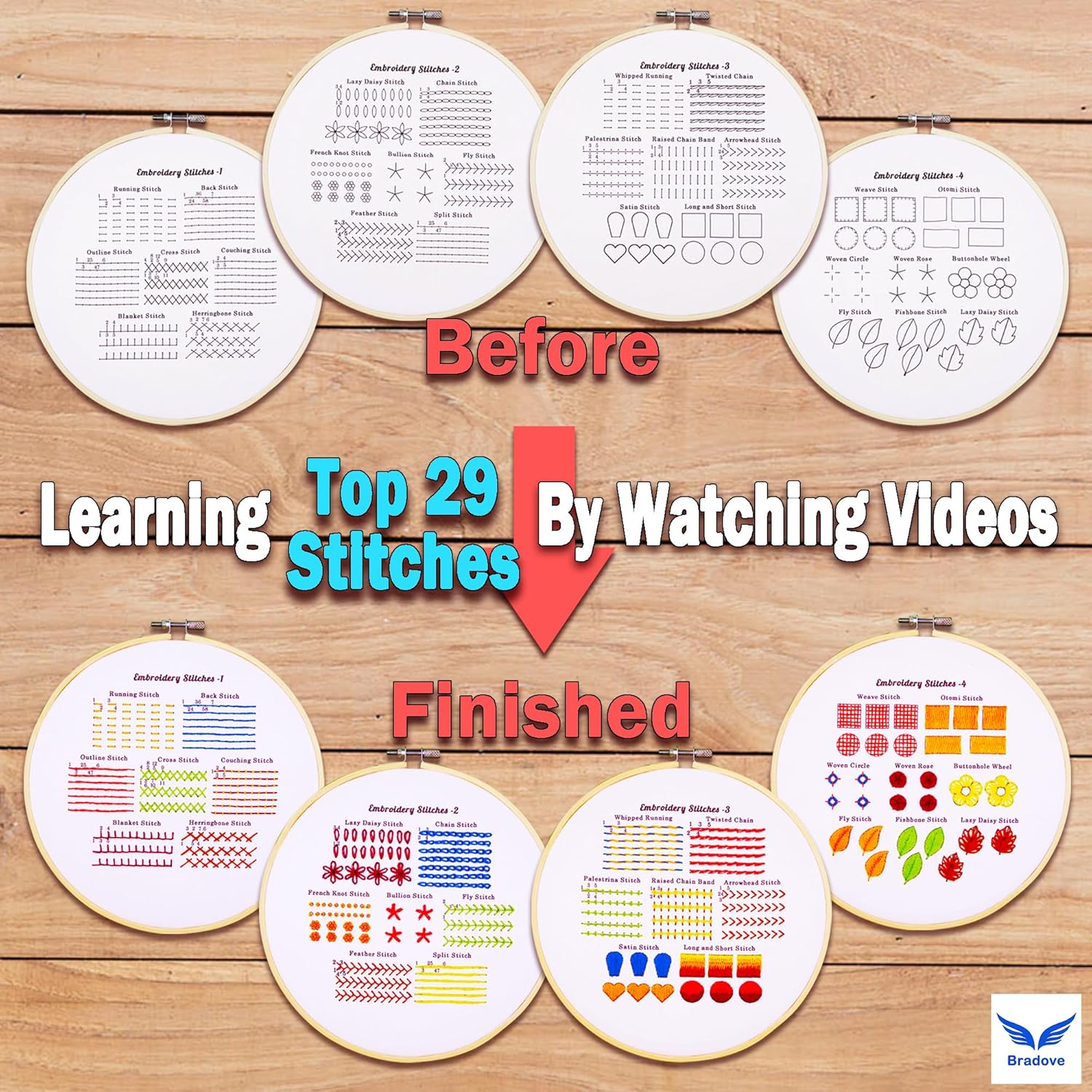 Bradove 4 Sets Embroidery Stitches Practice Kit, Embroidery Kit for Beginners with Embroidery Patterns, Beginner Embroidery Kit, Embroidery Kits for Adults, Hand Embroidery Kit for Kids - Image 9