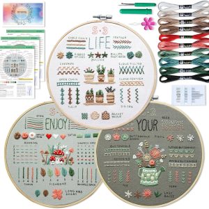 ETSPIL 3 Sets Embroidery kit for Beginners Adults，Learn 33 Different Stitches DIY Kits ，Includes Stamped Flower Pattern, Hoop, Color Threads,Tools,Easy to Follow Instruction & Video… (Simple B)