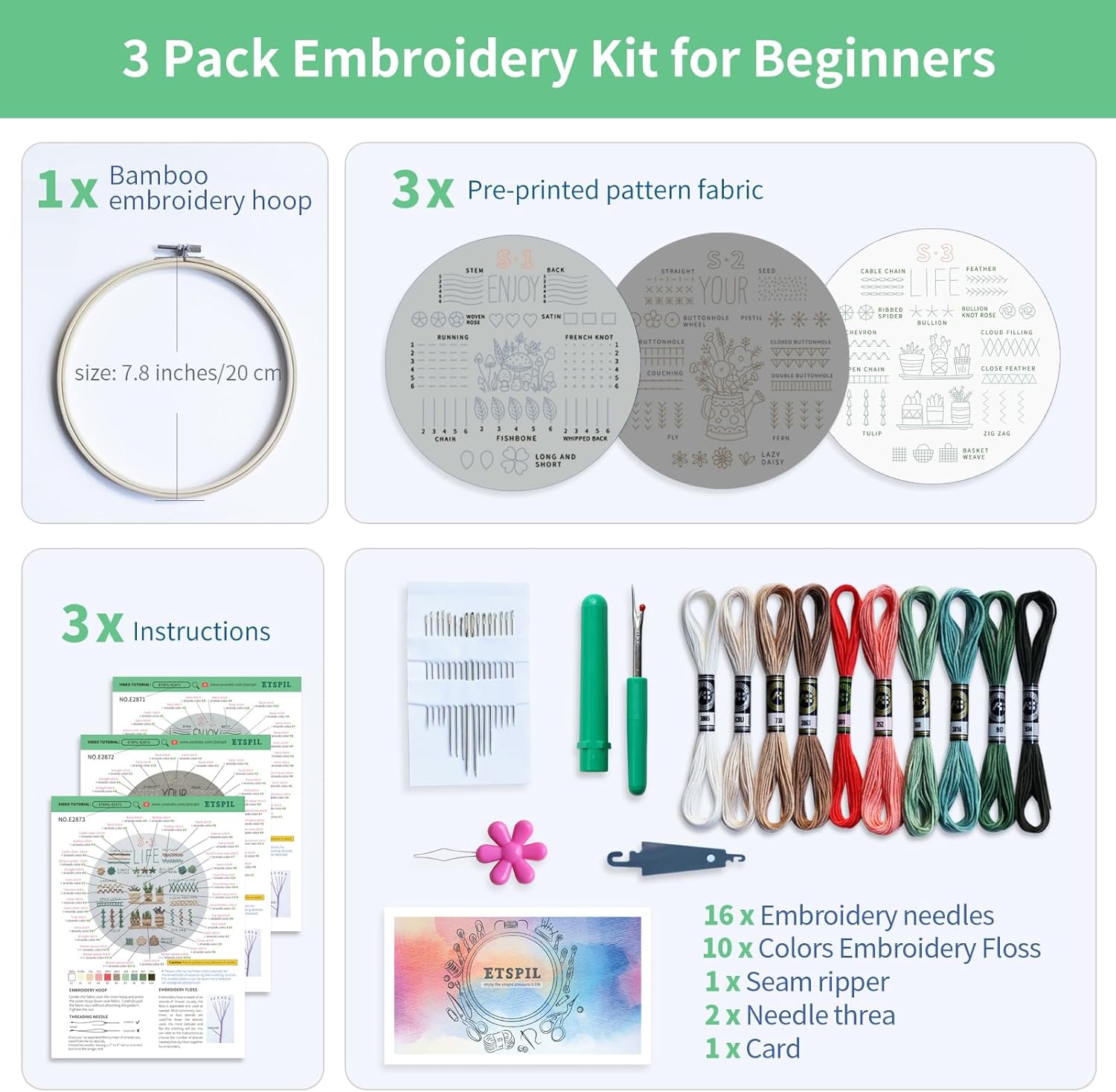 ETSPIL 3 Sets Embroidery kit for Beginners Adults,Learn 33 Different Stitches DIY Kits ,Includes Stamped Flower Pattern, Hoop, Color Threads,Tools,Easy to Follow Instruction & Video… (Simple B) - Image 2