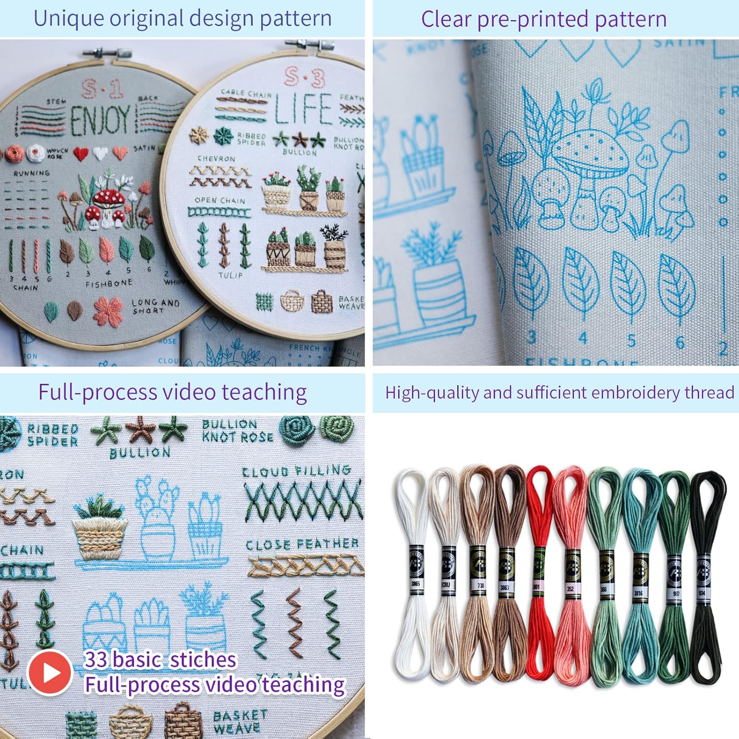 ETSPIL 3 Sets Embroidery kit for Beginners Adults,Learn 33 Different Stitches DIY Kits ,Includes Stamped Flower Pattern, Hoop, Color Threads,Tools,Easy to Follow Instruction & Video… (Simple B) - Image 3