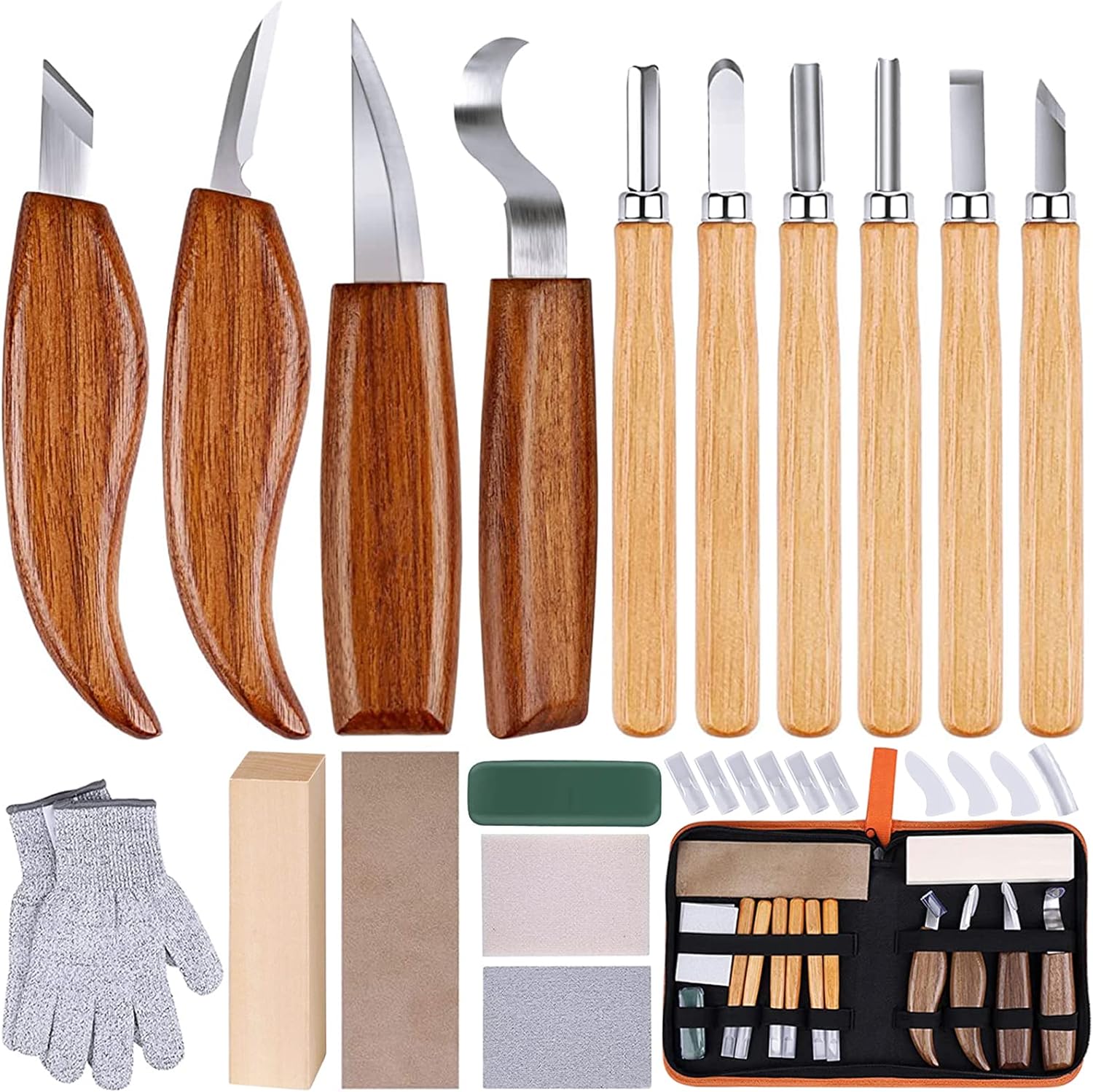 26-in-1 Wood Carving Kit with Detail Wood Carving Knife, Whittling Knife, Wood Chisel Knife, Gloves, Carving Knife Sharpener for Spoon, Bowl, Kuksa Cup (26PCS)