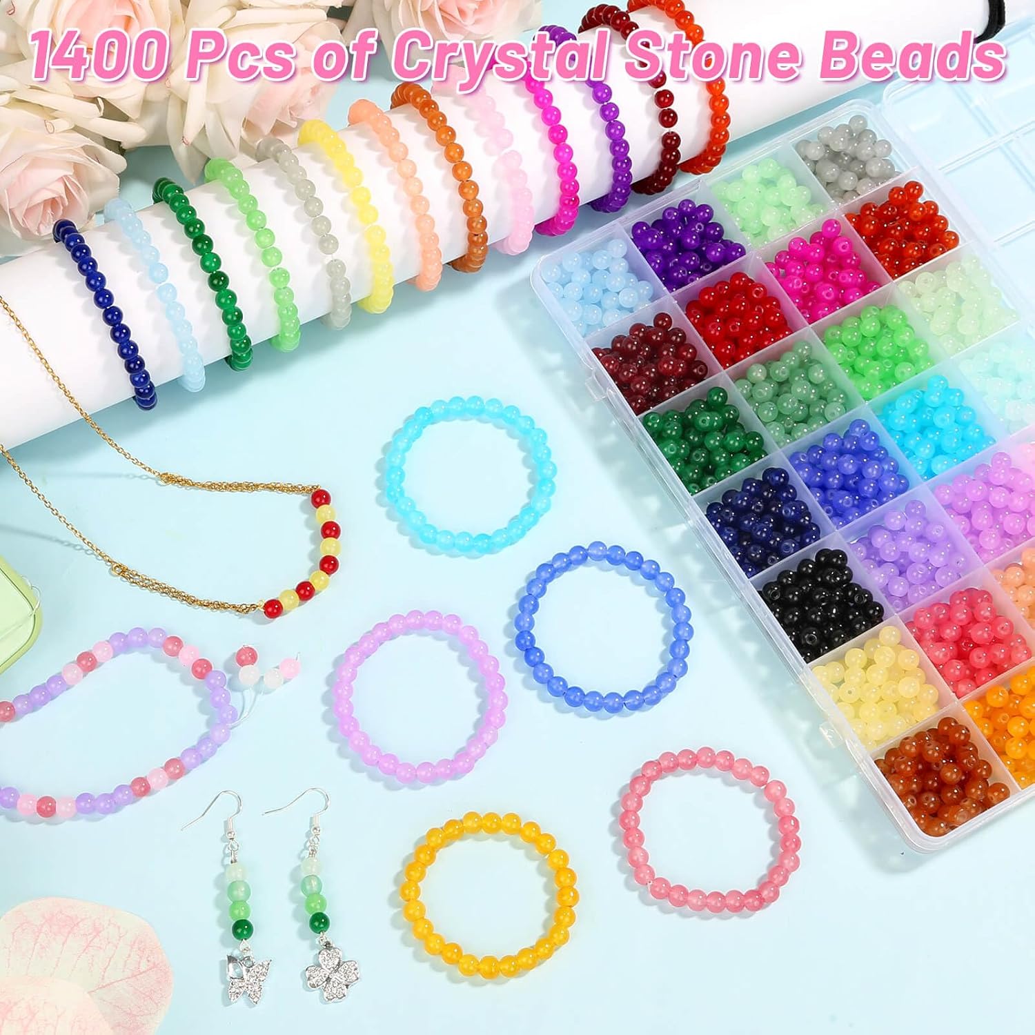 1400 Pieces 6mm Round Glass Beads for Jewelry Making, 28 Colors Crystal Beads for Bracelets Jewelry Making and DIY Crafts(Solid Color) - Image 4