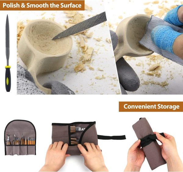 Wood Carving Kit 22PCS Wood Carving Tools Hand Carving Knife Set with Anti-Slip Cut-Resistant Gloves, Needle File Wood Spoon Carving Kit for Beginners Whittling Kit for Kids Adults Woodworking DIY - Image 5