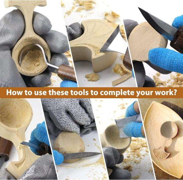 Wood Carving Kit 22PCS Wood Carving Tools Hand Carving Knife Set with Anti-Slip Cut-Resistant Gloves, Needle File Wood Spoon Carving Kit for Beginners Whittling Kit for Kids Adults Woodworking DIY - Image 6